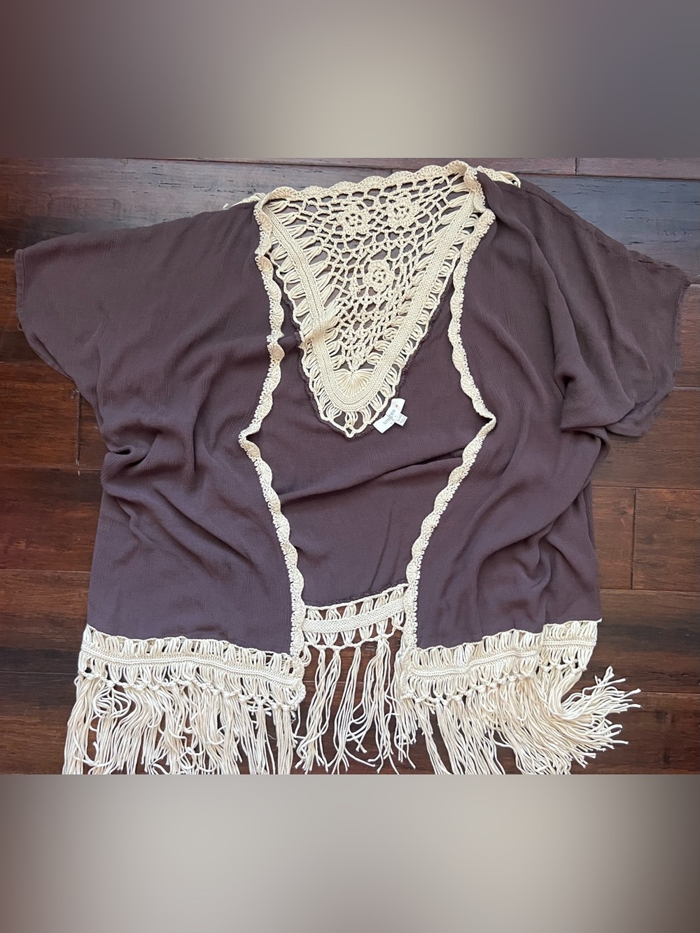 Umgee Brown with Cream Crochet Accents w/ fringe boho - open front